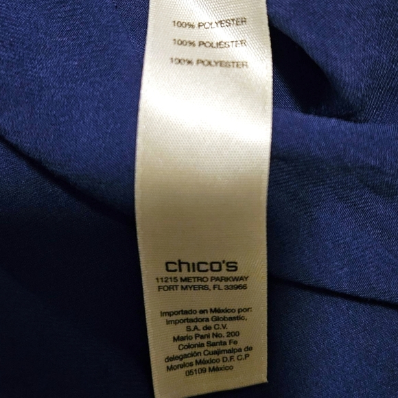 Chico's Sz 3 (XL/16) Blue Button Front Blouse Top Short Sleeve Satin Look Pocket - Picture 7 of 11